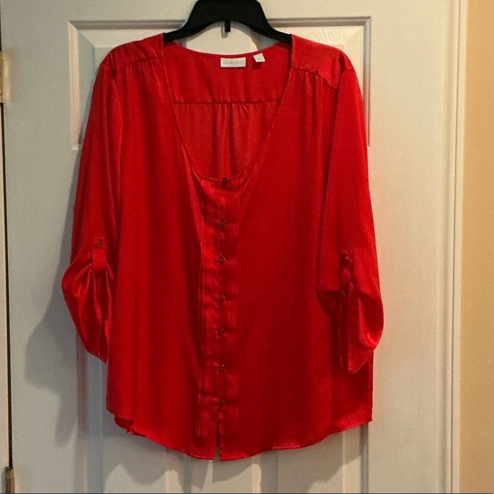 Red Button-Front Women’s Blouse - Lightweight Satin Top
